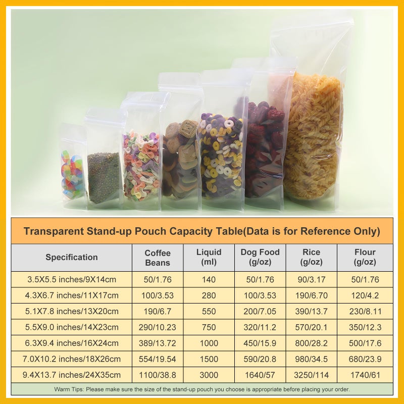 SumDirect 100Pcs 7x10.2 Inches Clear Stand Up Food Bags, Zipper Stand-up Reusable Sealing Food Pouches Snack Packing Bag with Tear Notch Heat Resealable for Storing, Cookie, Snack Tea and Drinking - Image 5